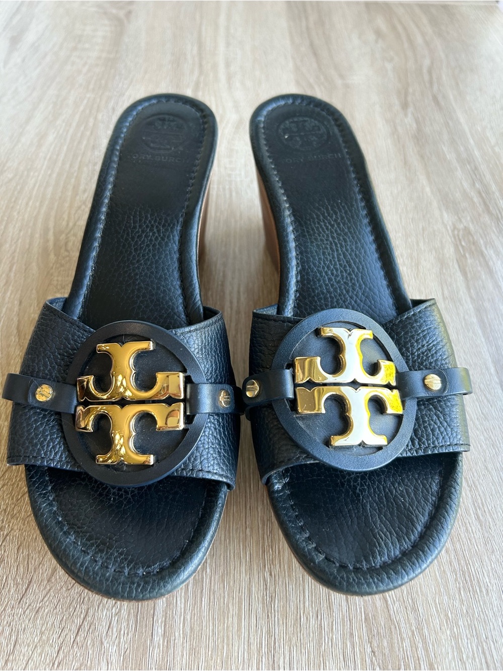 Tory Burch Black Leather Slide Wedges with Gold Logo 9.5